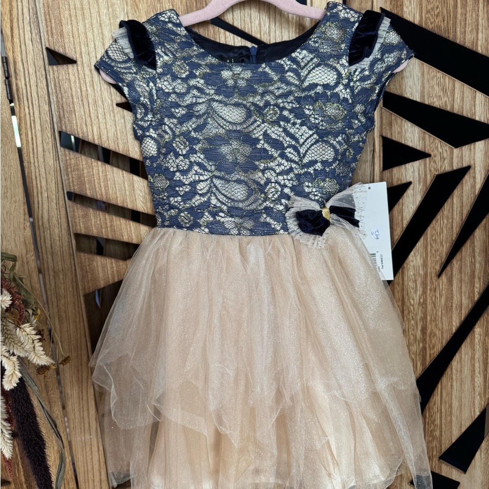 Biscotti Navy Lace Dress with Gold Threading
